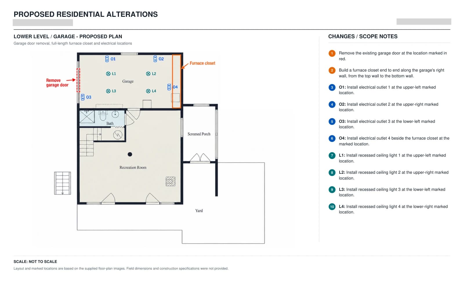 Annotated garage plan beside numbered scope notes