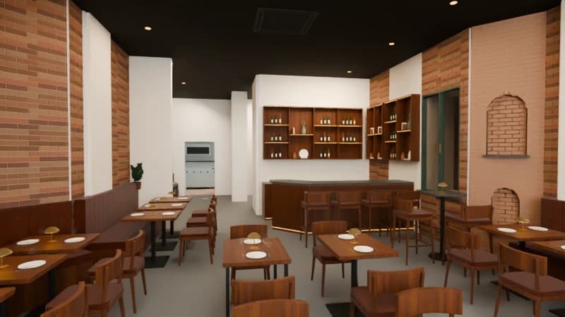 Source 3D-model capture of the dining-room view toward the bar