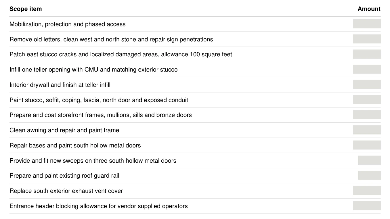 Redacted scope-table excerpt from the LOKEIL draft quotation