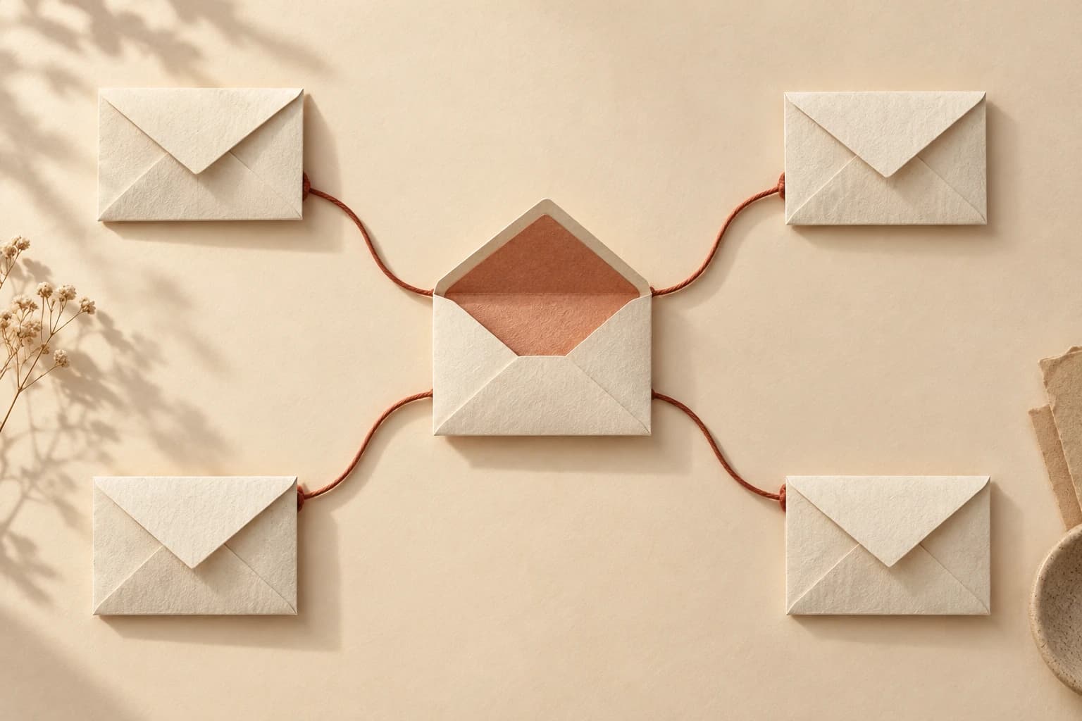 Four folded-paper envelopes connected to one open envelope
