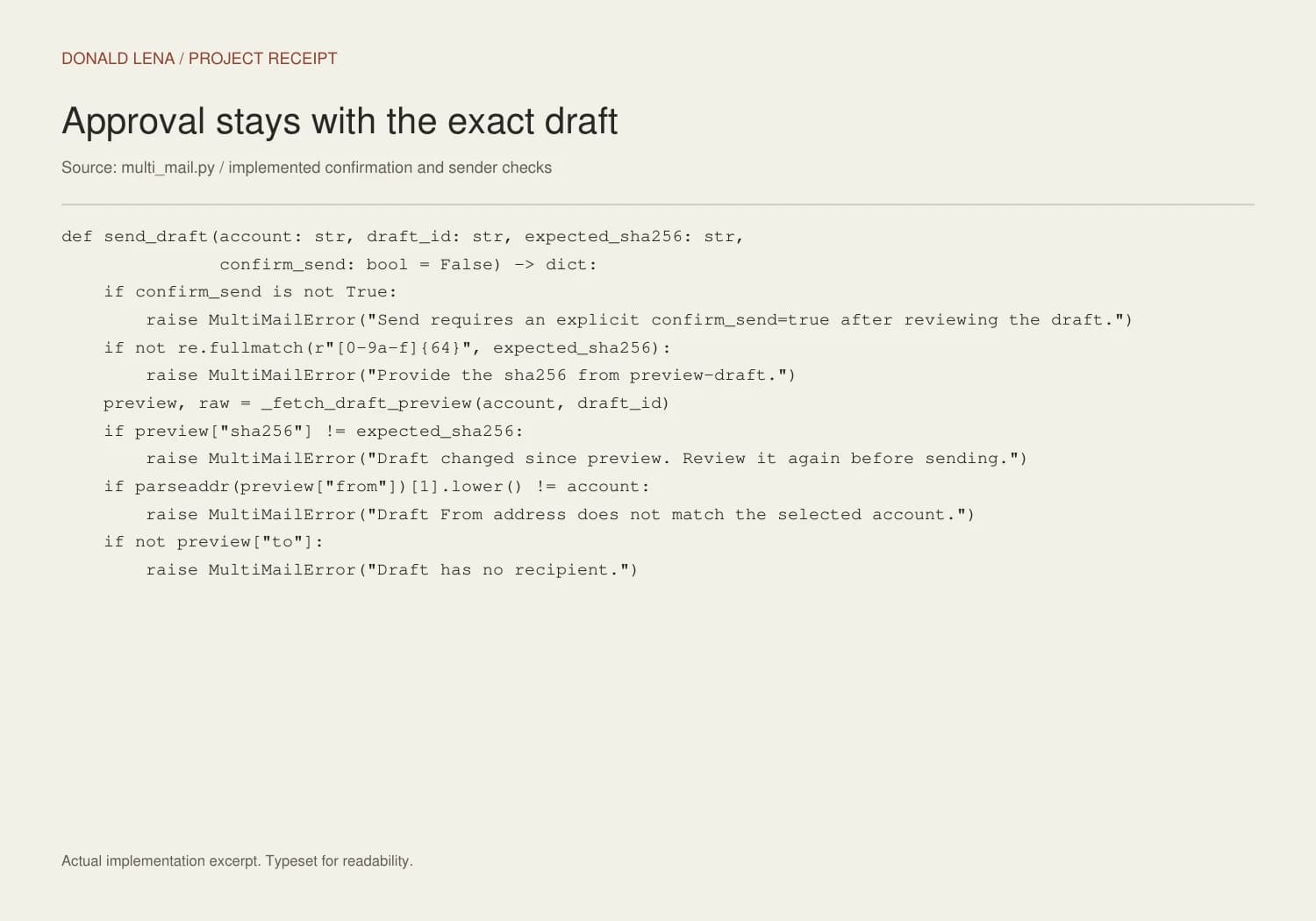 Actual Maily source excerpt checking confirmation, draft fingerprint and sender account