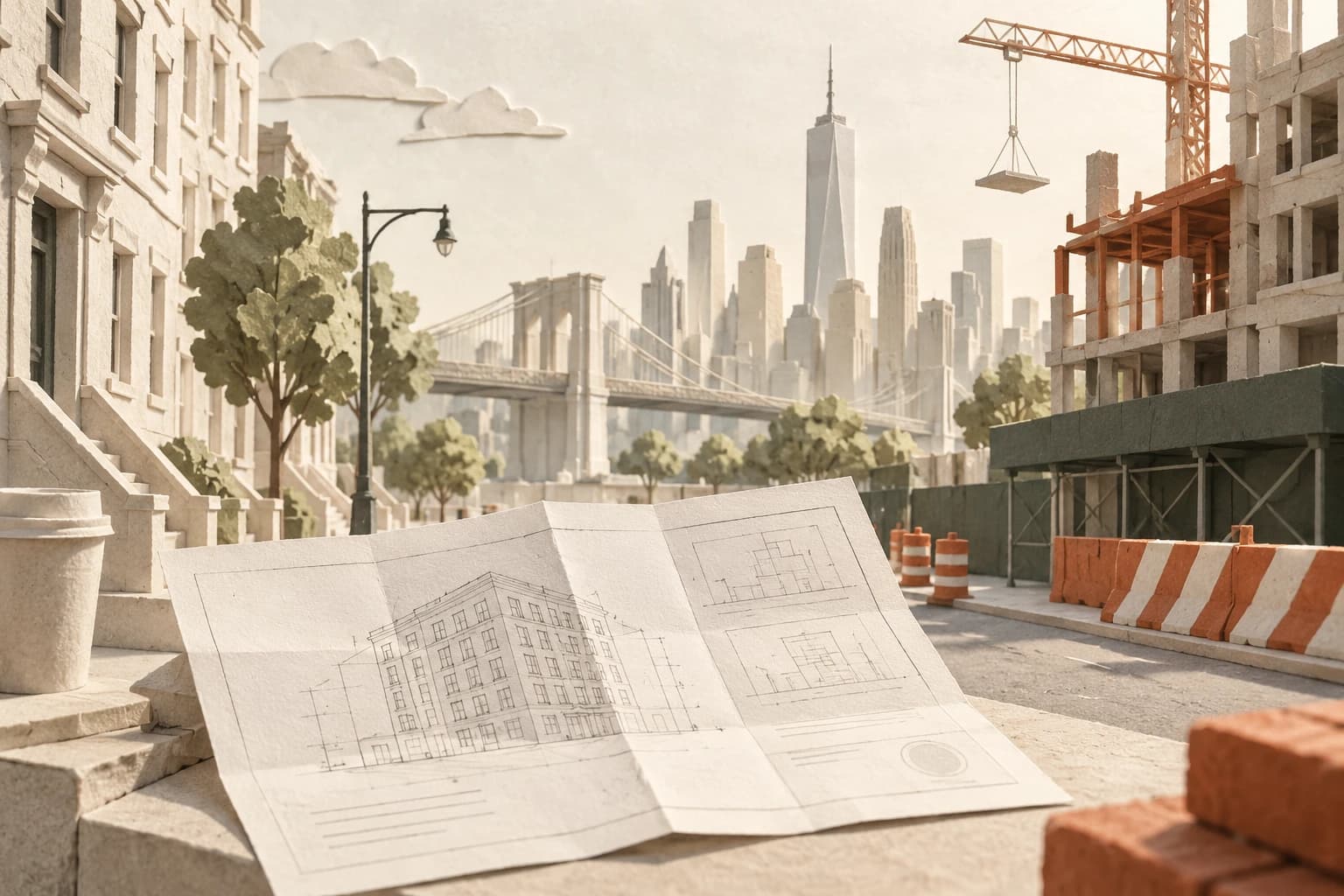 Folded-paper New York buildings beside an architectural permit sheet