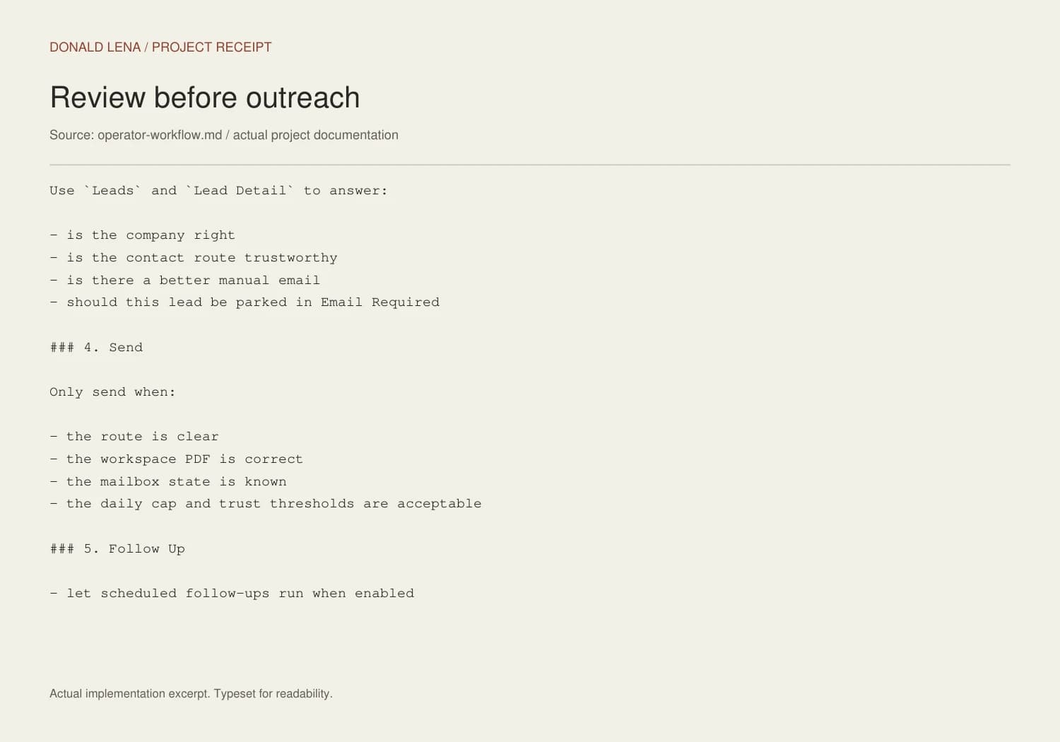 Actual operator-workflow excerpt listing company review, contact trust and send checks