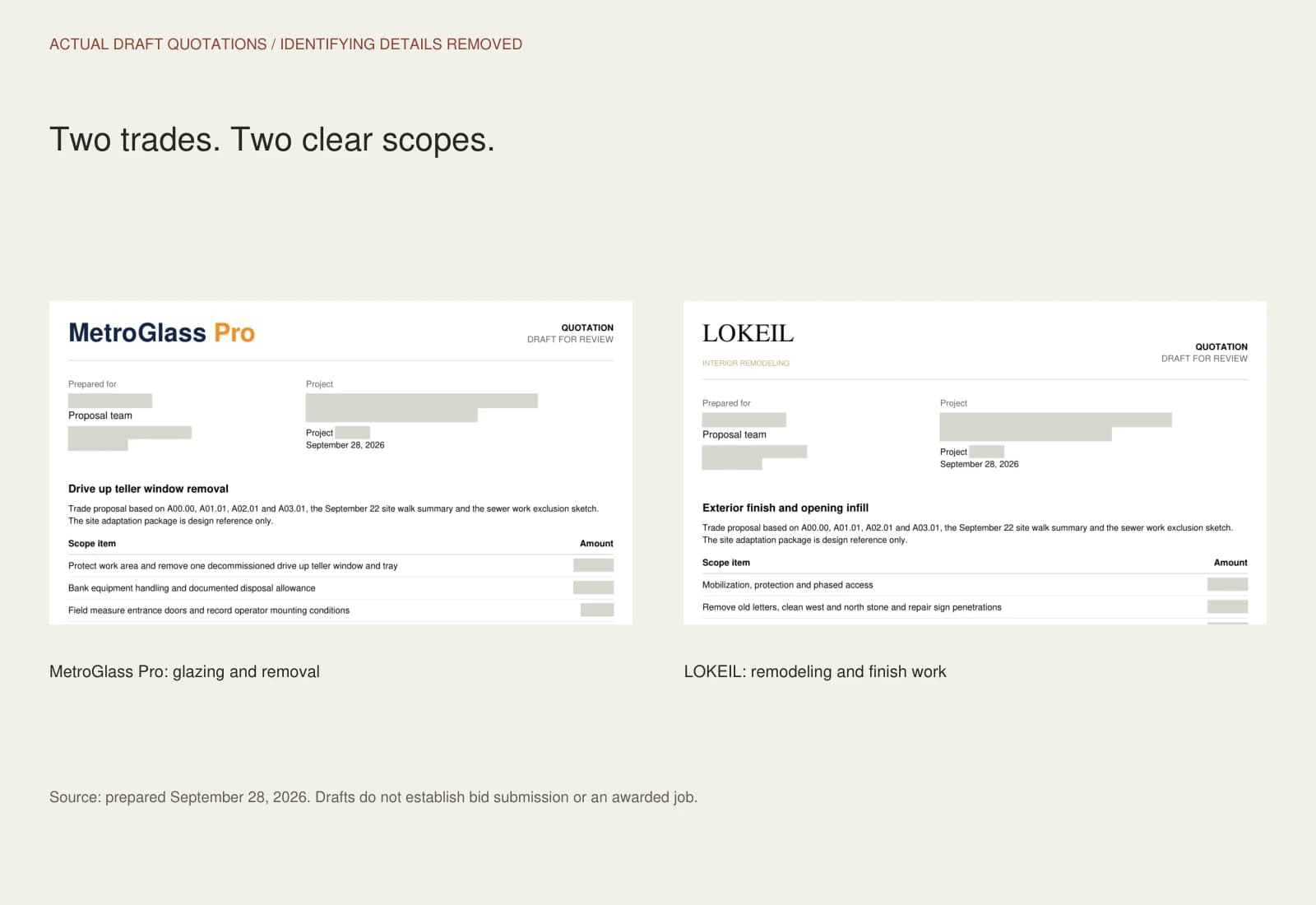 Two redacted draft trade quotations arranged for comparison