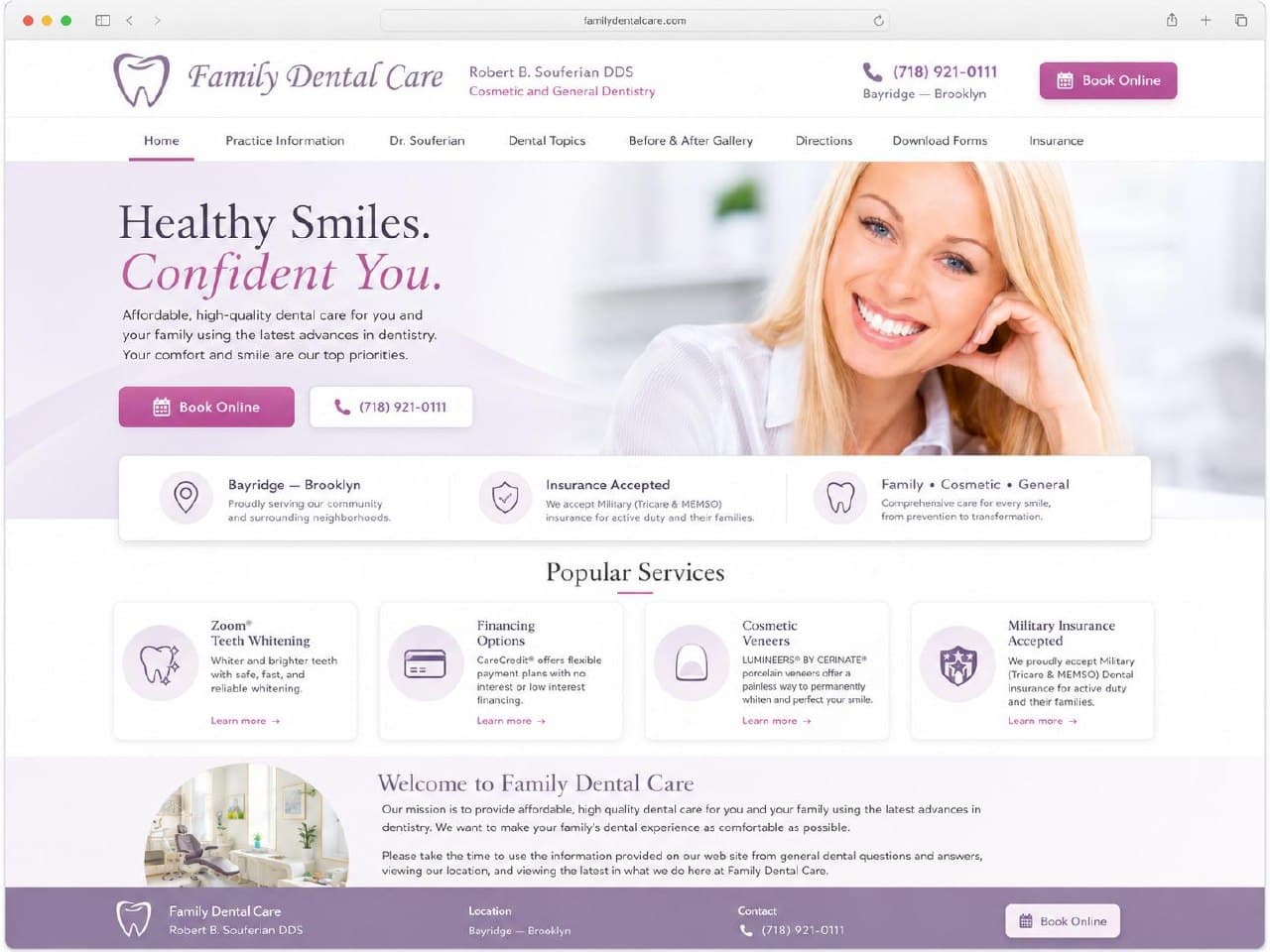 Family Dental Care website after modernization with cleaner navigation, hero, booking button, and service cards