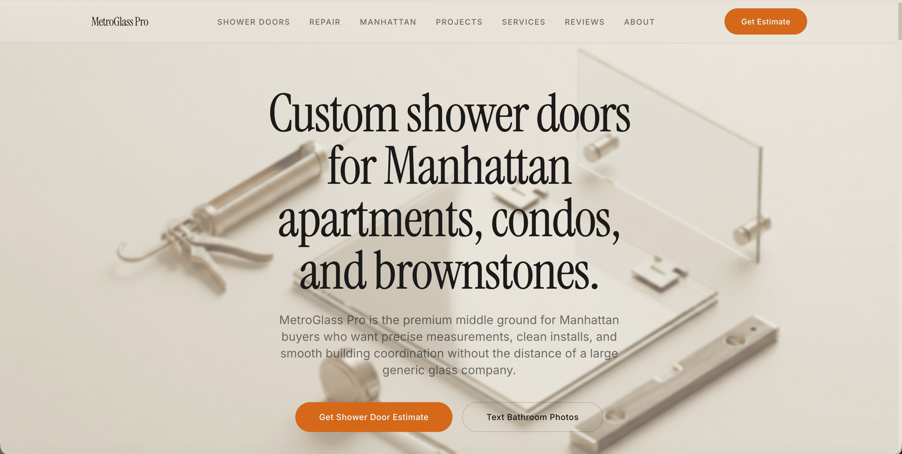 MetroGlass Pro Manhattan shower doors homepage screenshot