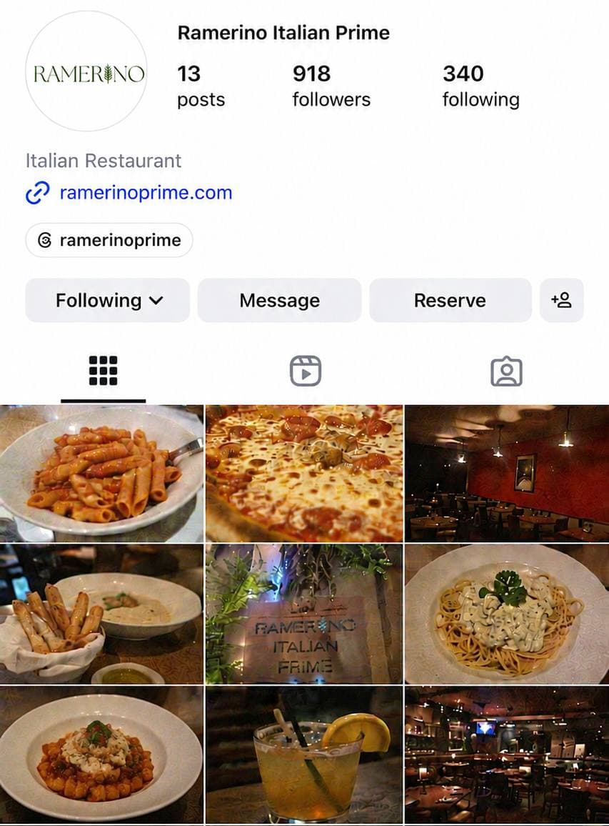 Ramerino Italian Prime Instagram before screenshot with 918 followers