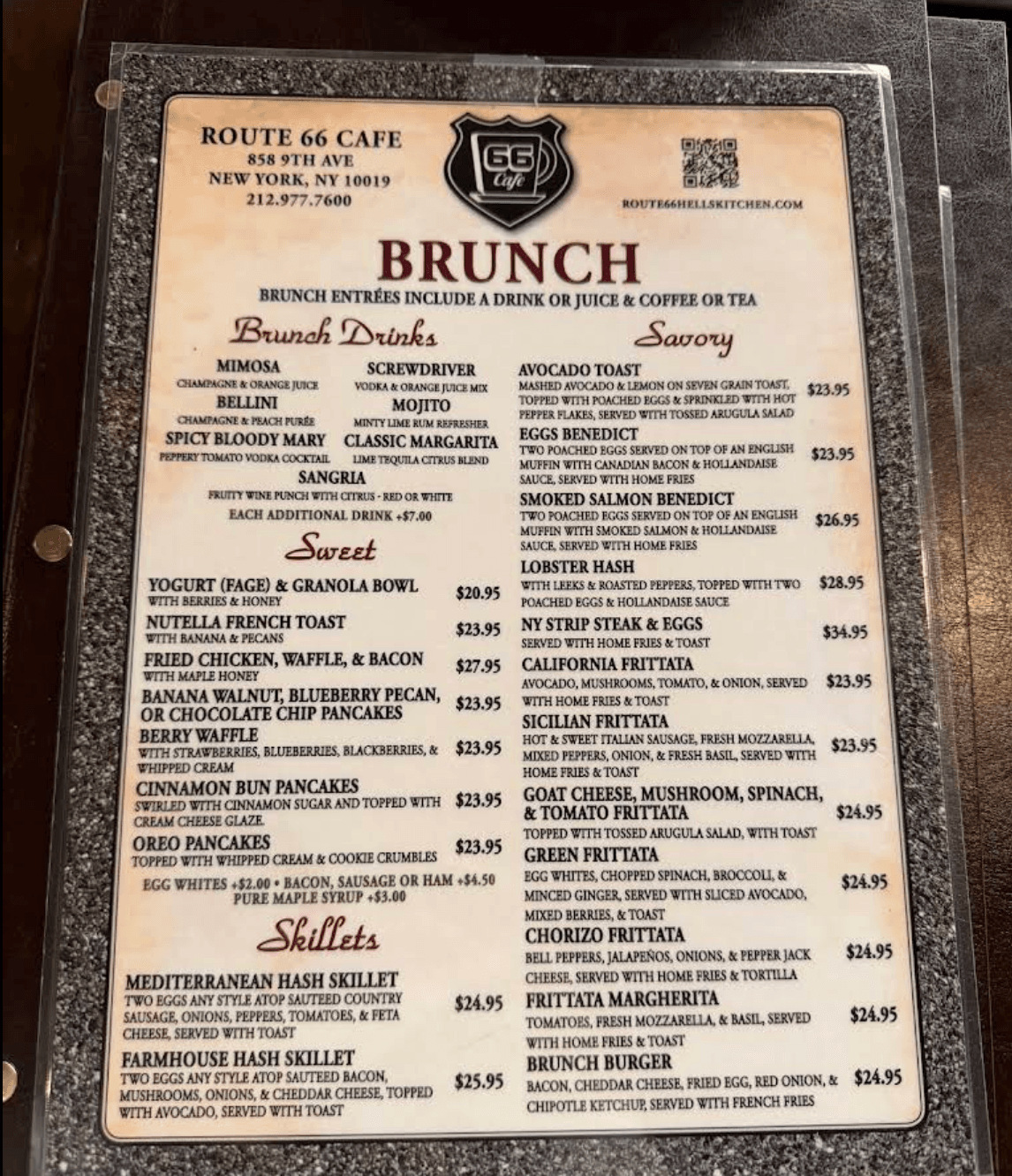 Route 66 Cafe brunch menu before remake in a laminated holder