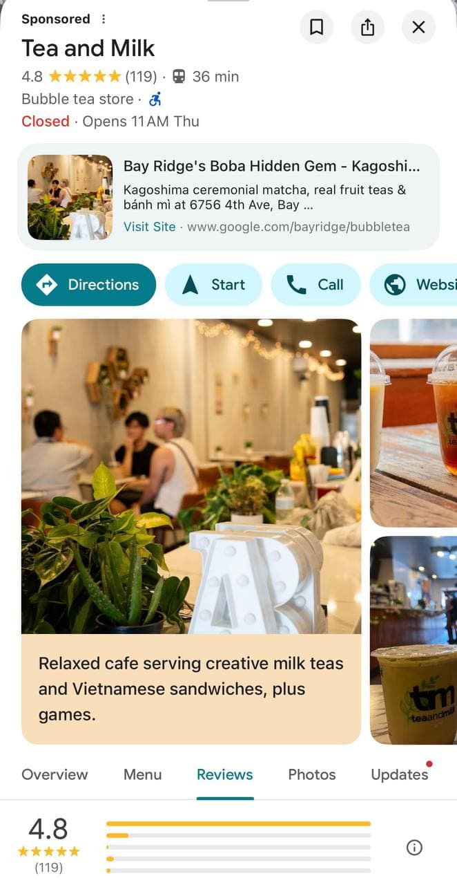 Tea and Milk Google Business Profile after screenshot with 119 reviews