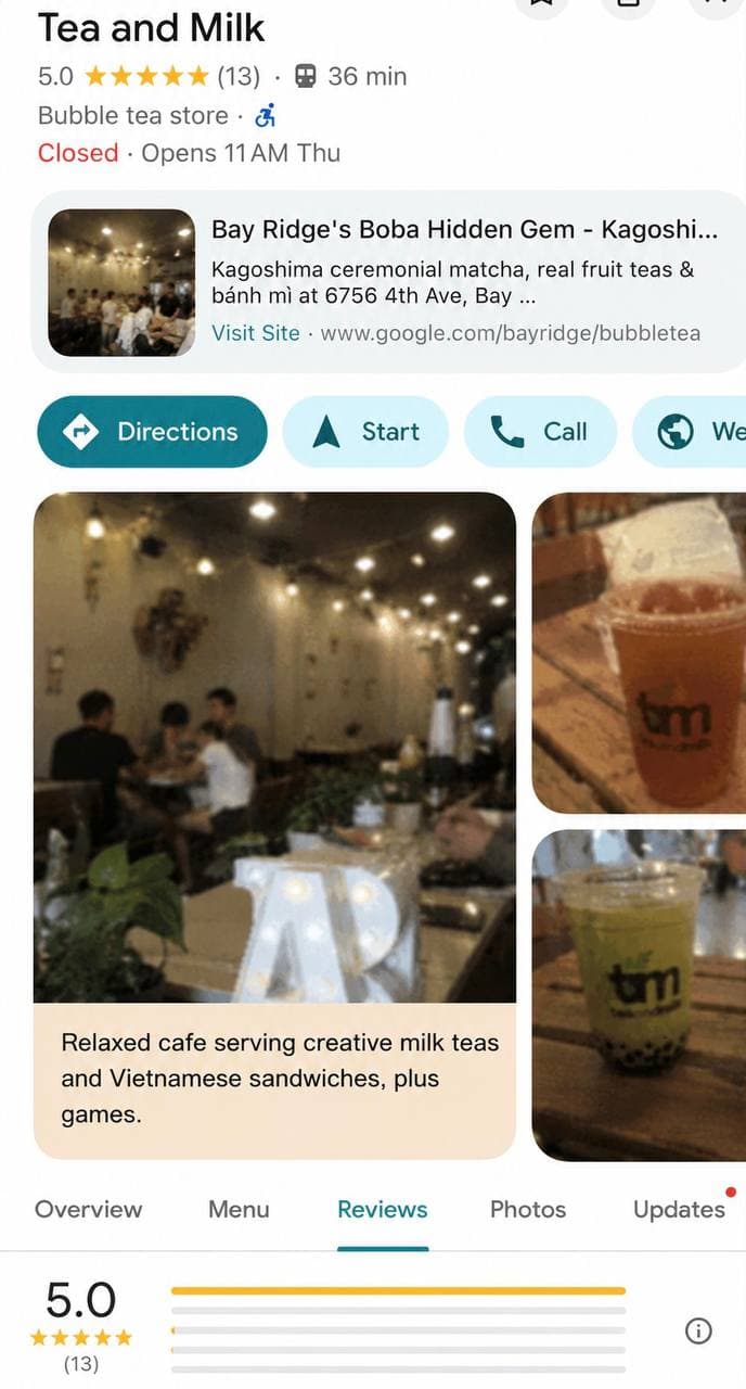 Tea and Milk Google Business Profile before screenshot with 13 reviews