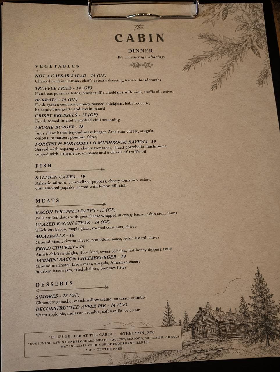 The Cabin dinner menu after remake with branded heading, cabin illustration, and cleaner layout