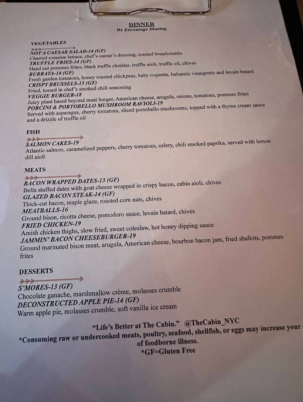 The Cabin dinner menu before remake with plain formatting on white paper