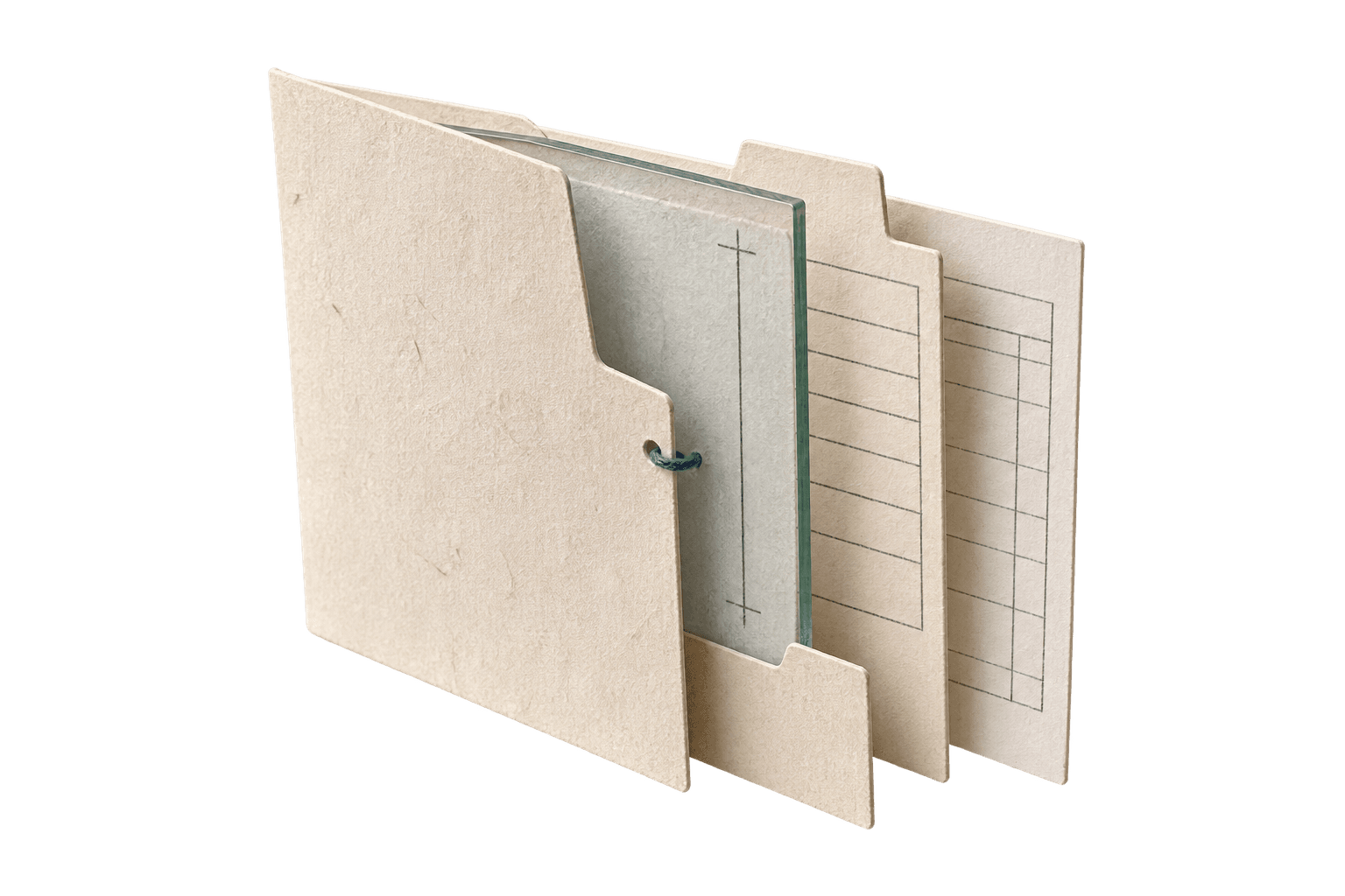 Folded paper job folder holding a measured glass panel and connected project sheets