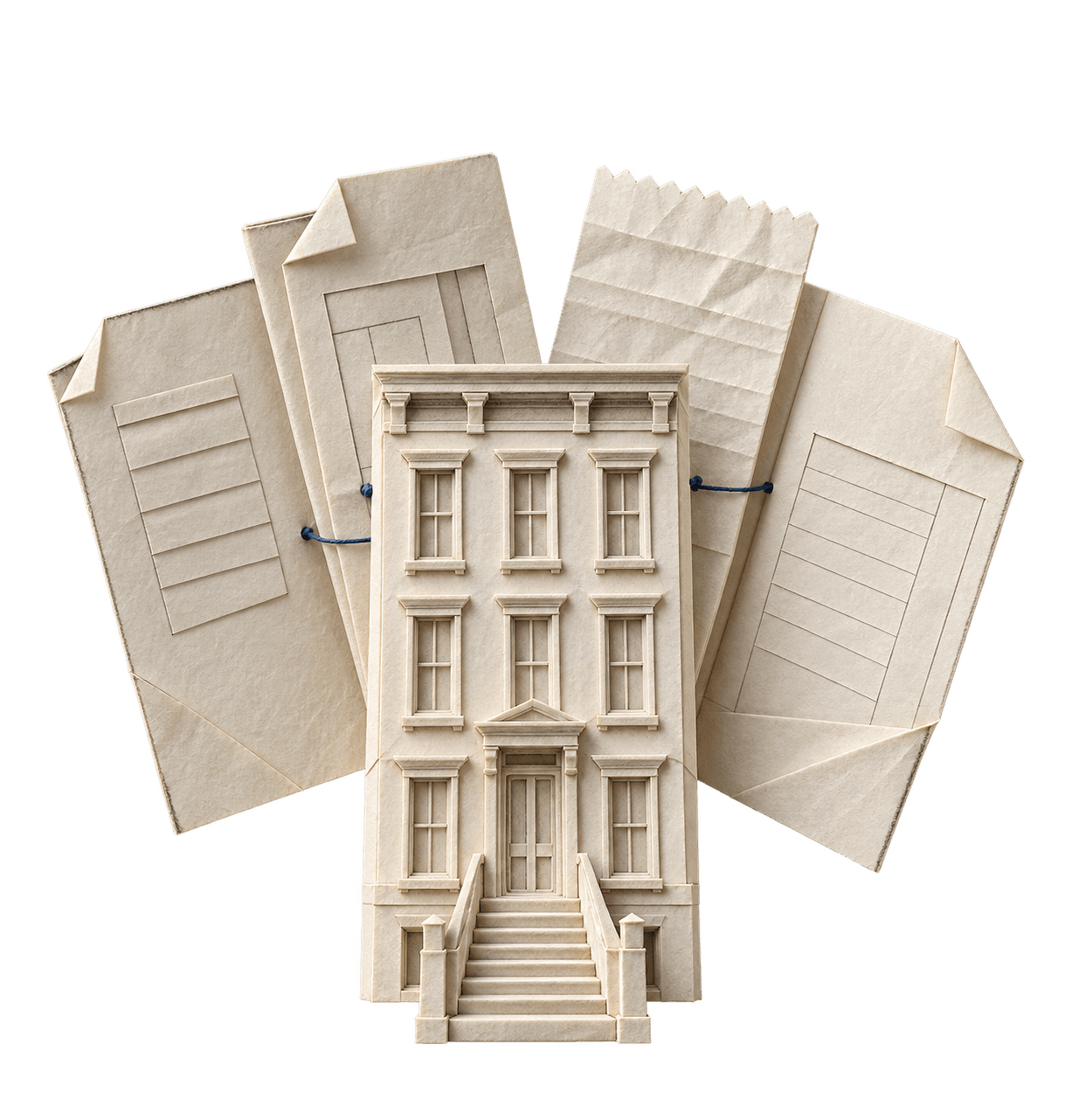 A folded paper New York townhouse surrounded by estimate, work and payment sheets