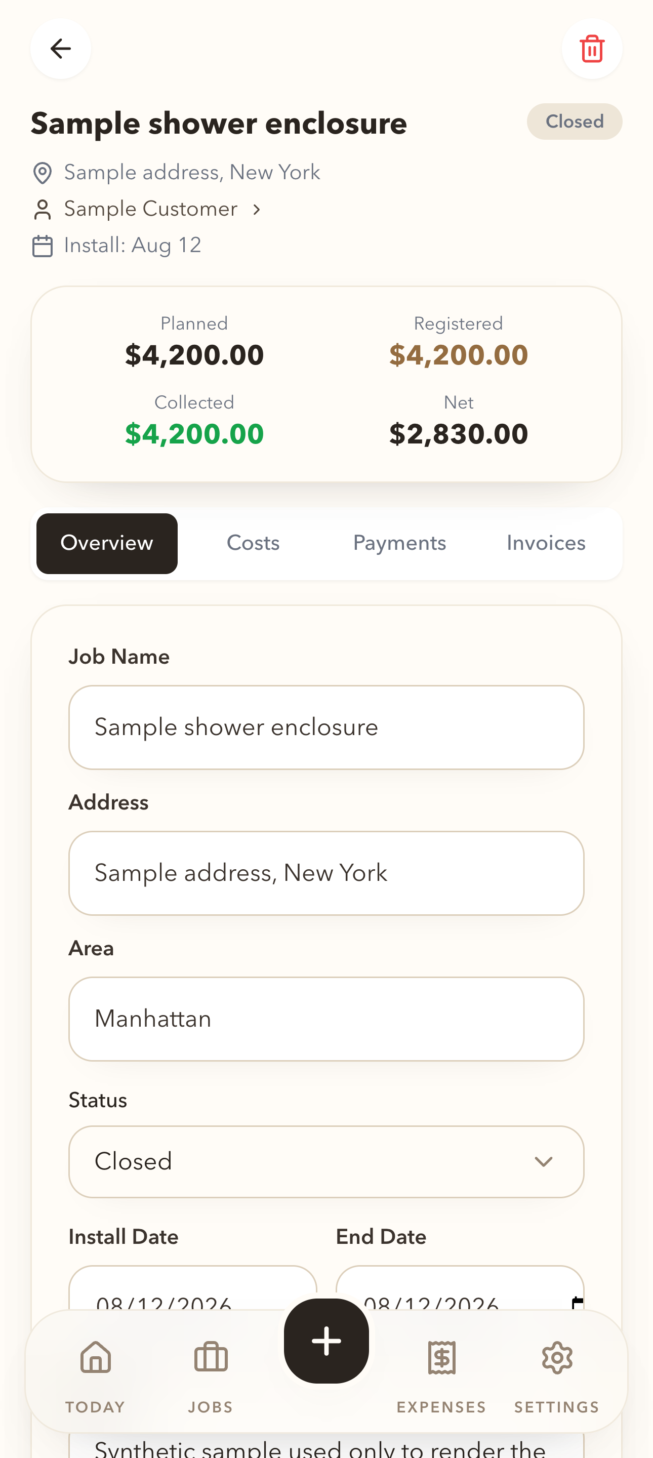 MetroGlass OS job overview rendered with a fictional shower enclosure and sample figures