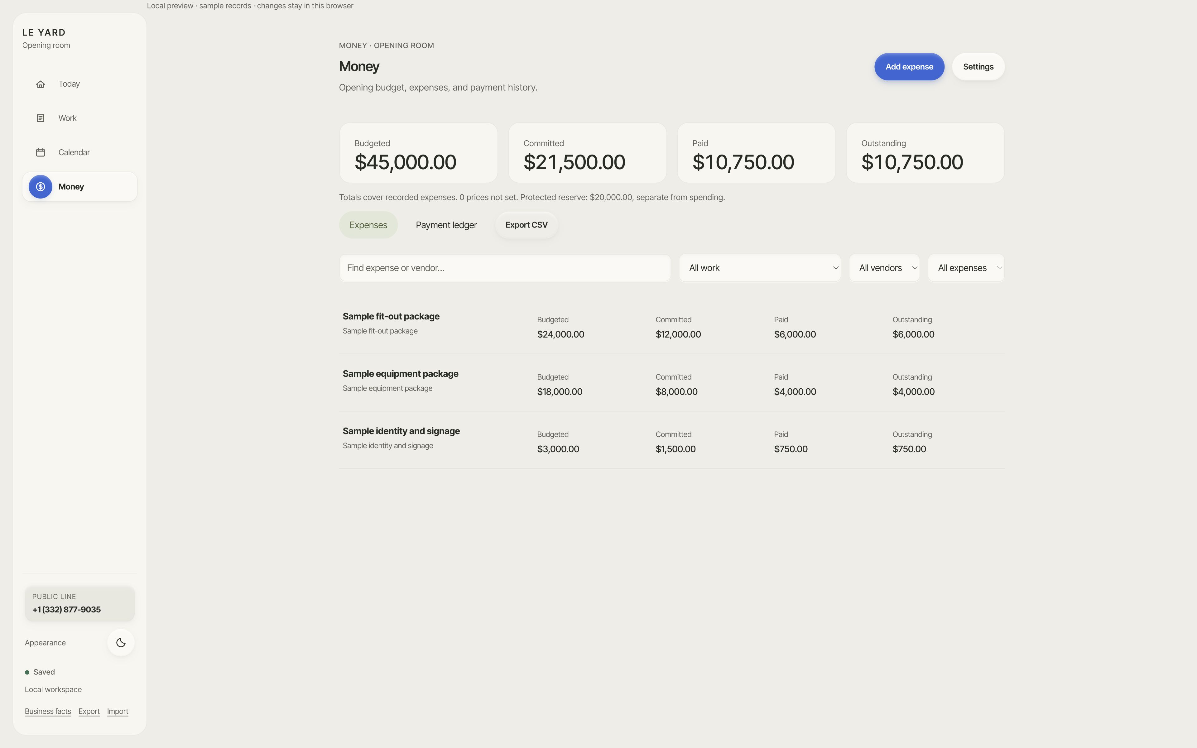 Money workspace · illustrative amounts