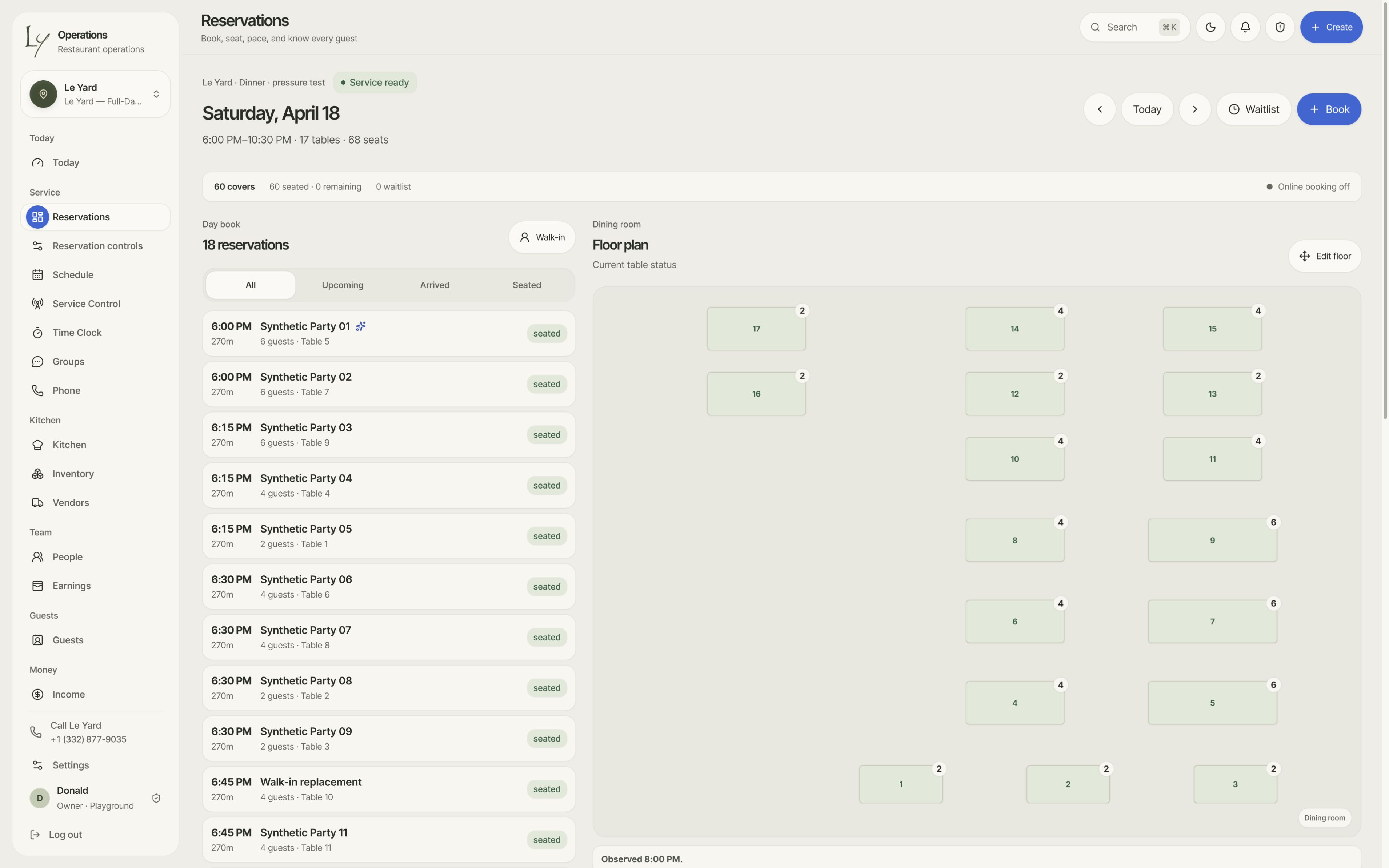 Reservation daybook · sample guests and floor layout